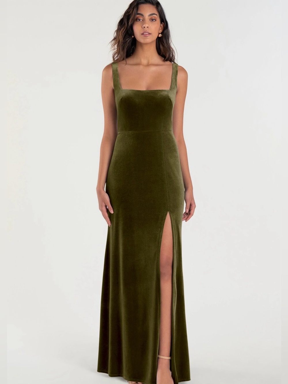 Jenny Yoo Mara Olive Green Velvet Maxi Slip Dress Slit